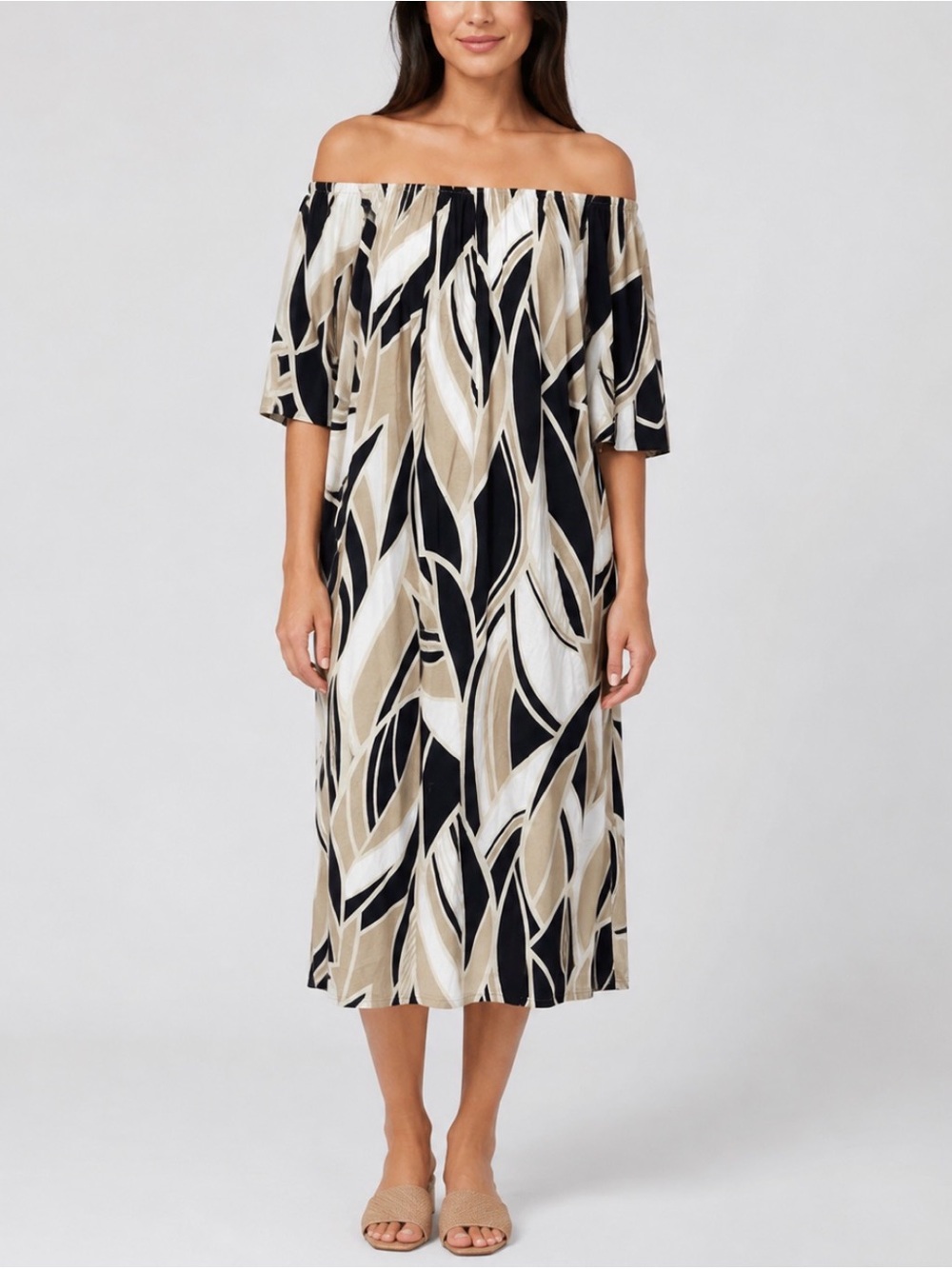 Anne Klein Women’s Off Shoulder Abstract Print Midi Dress Black Beige Size L NWT
